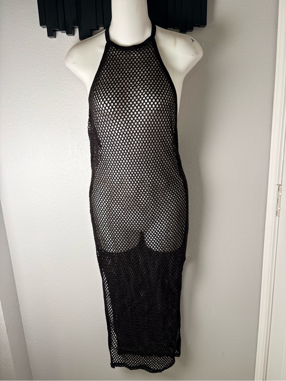 Bozzolo Black Open Knit  Fishnet Halter Swim Cover Up Midi Dress Women’s Size M